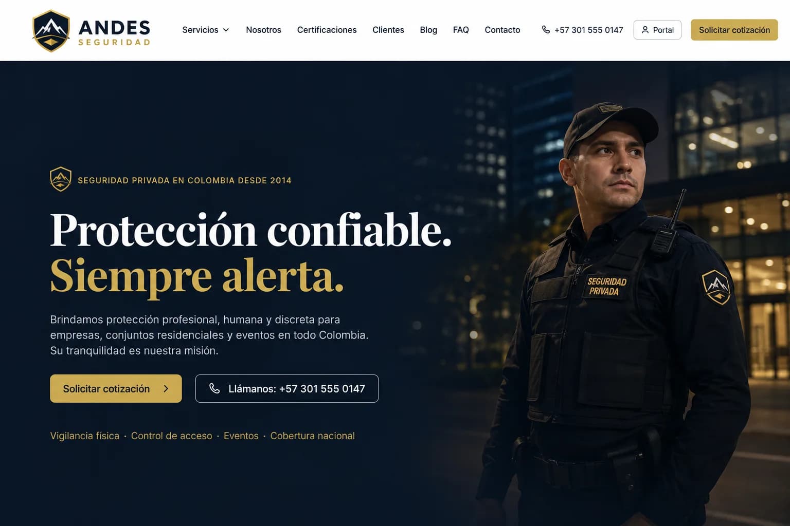 Desktop screenshot of the Andes Seguridad homepage