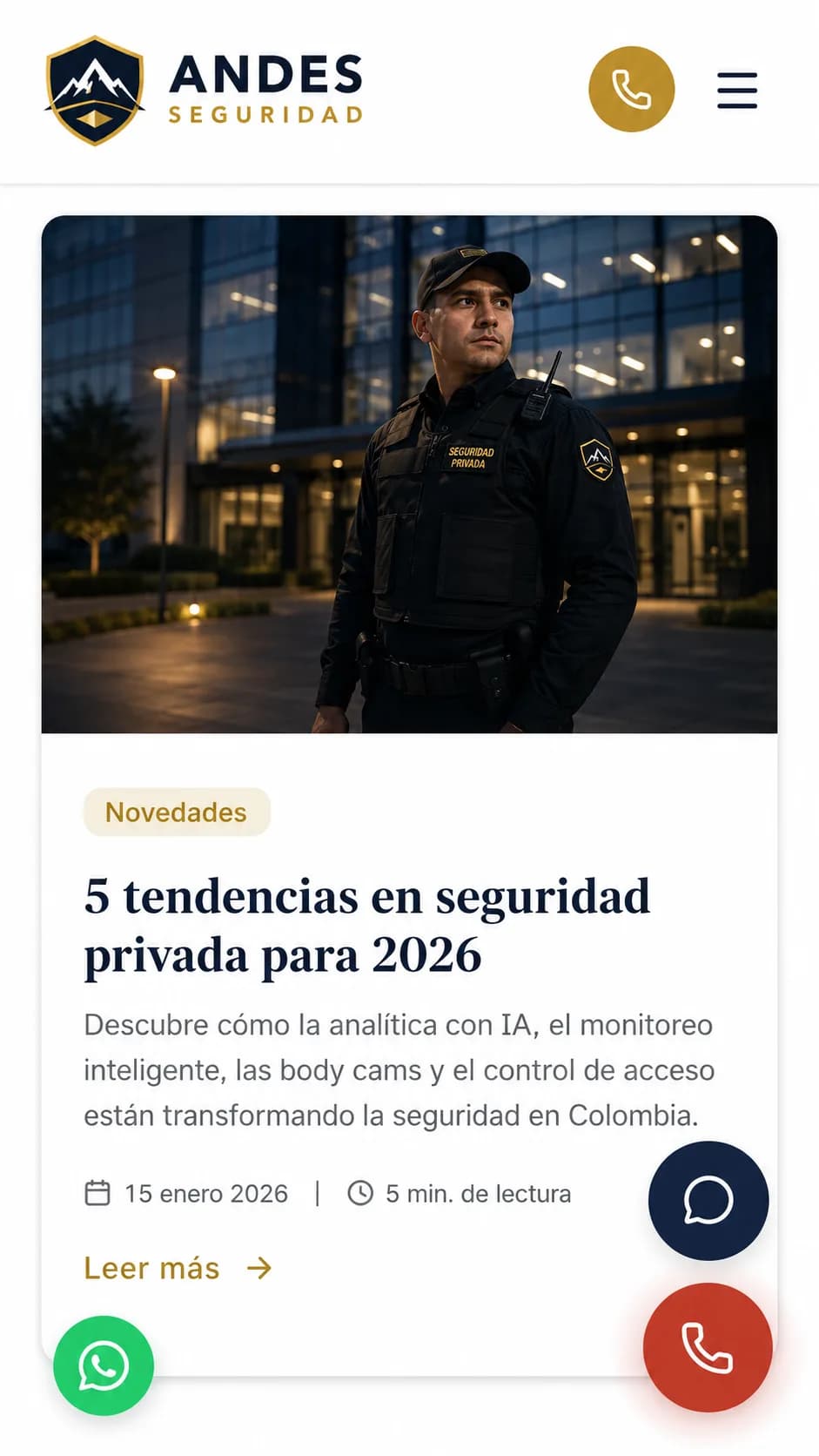 Mobile screenshot of the Andes Seguridad website
