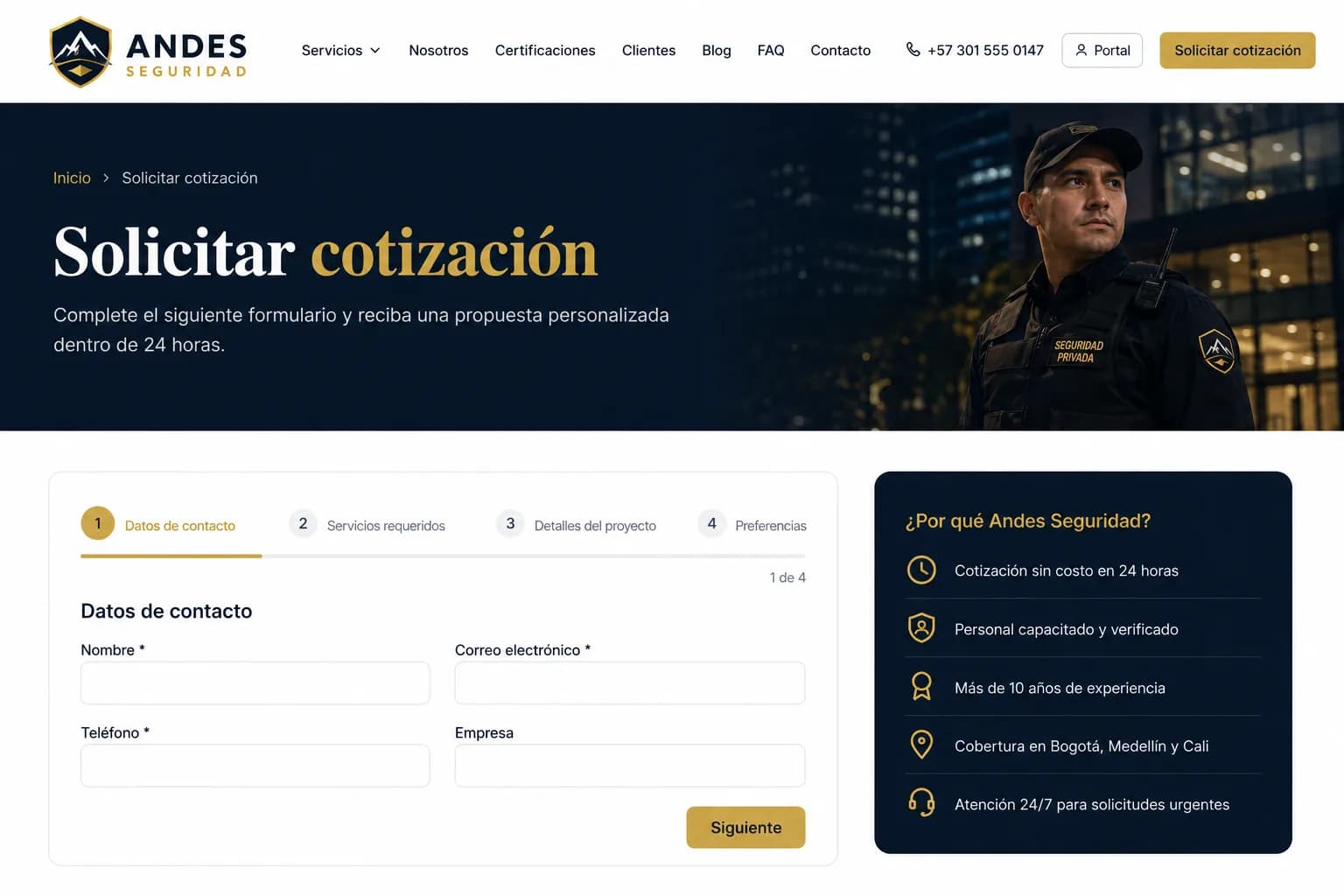 Screenshot of the Andes Seguridad quote request flow